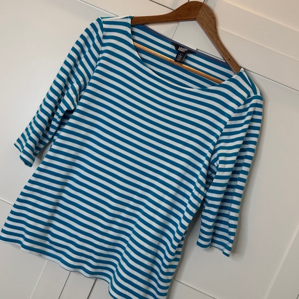 Lands' End Blue and White Striped Long Sleeve Tee Large - Picture 2 of 9
